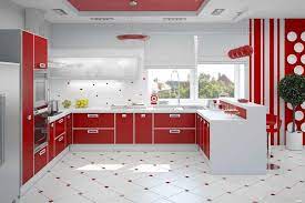 Wonderful White Tile Floor And Red White Backsplash And Cabinet Storage Including Lig American Kitchen Design Minimalist Kitchen Design Interior Design Kitchen