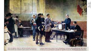 Décris ce bureau de vote (lieu, symboles républicains, personnes, ) qui, en 1848, n'avait toujours par le droit de vote ? Alfred Bramtot Le Suffrage Universel 1891 By Nicolas Monod