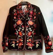 ✫LOVELY *MALVIN* BLACK Floral Embroidered Cotton Velvet Pockets Jacket M/L✩  £68.32