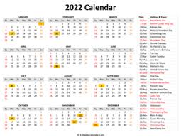printable yearly calendars 2022