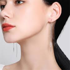 Cheap s925 Silver Hollow Leaves Earrings for Women Temperament Long Tassel  Tea Ear Chain Earring Super Fairy Jewelry