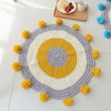 Nordic yellow dark gray geometry pattern carpet antislip rug mat hallway carpet. Handmade Round Rug Circle Knitted Pompom Mat For Kids Play Yellow Grey Blue Area Rug 80x80cm Nursery Room Living Room Rug Aliexpress