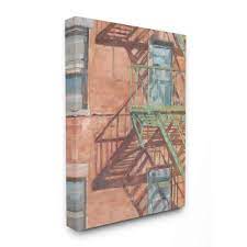 Primary colors within this image include: Stupell Industries Cityscape Fire Escape Red Green Painting Design By Ethan Harper Wall Art 30 X 40 Canvas Amazon In Home Kitchen