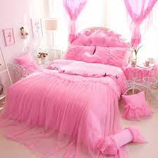 A pale blush pink and cream little girl's bedroom decorated for christmas with special vintage touches. Big Lace Pink Princess Bedding Set Queen King Size 4 6 8pcs Solid Color Duvet Cover Set Ruffles Bedspread Bed Sheet 100 Cotton Princess Girls Bedding Set Lace Duvet Cover Setsbedding Set Full Aliexpress