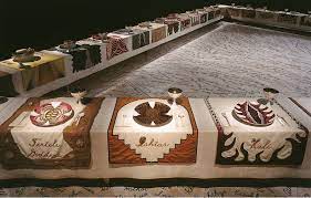 There are 39 elaborate place settings on a triangular table for 39 mythical and historical famous women. Nail That Art The Dinner Party Cunnt Claws C 2023