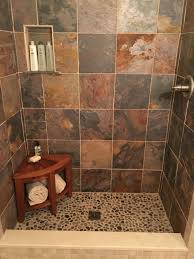 Small Shower With Slate And River Rock Tile And A Teak Bench Stone Bathroom Shower Stall Slate Shower
