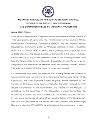 Tanzania's new president, john pombe magufuli, needs to change the country's lukewarm attitude to the eac and regional integration, which has cast a shadow. Message By His Excellency Dr John Pombe Joseph Magufuli President Of The United Republic Of Tanzania And Chairperson Of Sadc On Sadc Day 17thaugust 2020 The High Commission Of The United