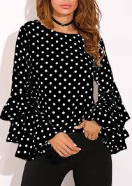 Black And White Polka Dot Blouses For Womens Casual Women Polka Dot Trumpet Sleeve O Neck Blouse Blouses For Women Fashion Ruffle Long Sleeve Blouse