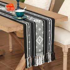Include rectangular tablecloths or satin tablecloths, throw in some complementing chair covers and sashes, give a personal touch with wedding napkins and add a colorful. Buy Bohemian Table Runner With Tassels Braided Cotton Geometric Pattern Boho Runners For Living Room Kitchen Party Wedding Decoration 60 Inch Black Online In Turkey B08r9dncv3