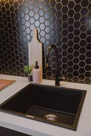 Hexagon white body ceramic tiles. 38 Black Kitchen Backsplashes For A Contrast Shelterness