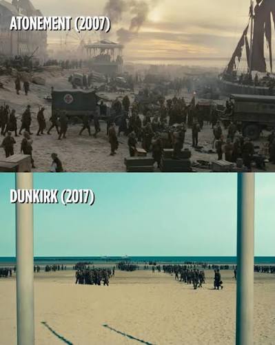Comparison of Joe Wright's depiction of the Dunkirk beach in “Atonement”  (2007) and Christopher Nolan's depiction of the beach in “Dunkirk” (2017).  Nolan's version is almost comedic by comparison.