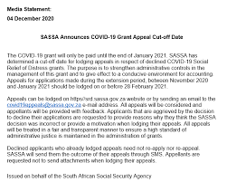 Sassa balance check ussd code. Sassa On Twitter Media Statement 04 December 2020 Sassa Announces Covid 19 Grant Appeal Cut Off Date Sassacares The Dsd Nda Rsa Governmentza Gcismedia Https T Co Hcjhgy2ges