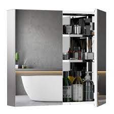Most feature an exterior mirror and interior shelves. Homcom 24 X 22 Inch Stainless Steel Medicine Cabinet Wall Mounted Bathroom Mirror Storage Cabinet Double Doors With Shelves Kitchen Cupboard Walmart Com Walmart Com