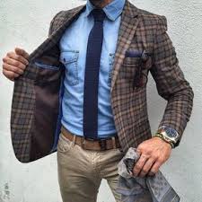 Braunes Wollsakko Mit Schottenmuster Hellblaues Jeanshemd Beige Jeans Dunkelblaue Strick Krawatte Fur Herren Beige Jeans Herrenkleidung Anzug Herren