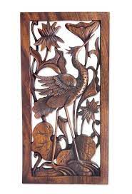 Wood Relief Panel Stork With Lotus Blossoms Tree Art Wood Carving Art Wood Wall Sculpture