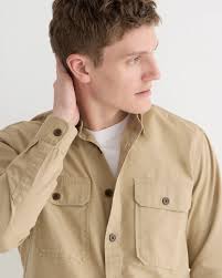 J. Crew Men's Wallace & Barnes Slub Poplin Military Shirt Classic Khaki