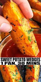 Crispy Sweet Potato Wedges One Pan Sweet Potato Recipes Baked Baked Sweet Potato Wedges Sweet Potato Wedges