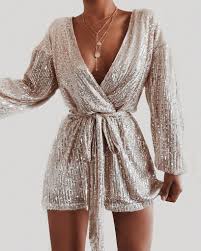 Eye Candy Sequin Pocketed Tie Romper Champagne Eve Outfit Fashion New Years Eve Outfits