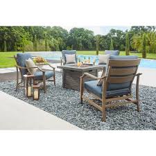 Home Decorators Collection Bridewell 5 Piece Aluminum Patio Fire Pit Conversation Set With Sunbrella Acti Patio Furniture Fire Fire Pit Furniture Fire Pit Sets