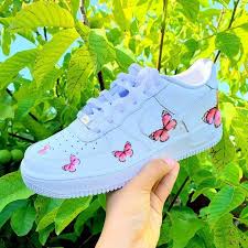 Hand Painted Custom Nike Air Force 1 Low Trail Pink Butterfly Air Force Custom Sneakers Custom Trainers Made To Order White Nike Shoes Butterfly Shoes Cute Shoes