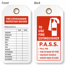 Vector firefighter metal board isolated on white background. Monthly Fire Extinguisher Inspection Tags