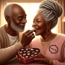 Inspired by AI. Ai. Innovations digital airbrush of A warm and intimate  portrait of an elderly African couple celebrating Valentine's Day. The man,  with a kind smile and short gray hair, presents