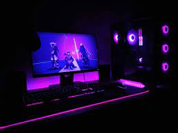 Image result for black and purple gaming setup (com. Pink Black Theme Pc Setup Gaming Room Setup Video Game Rooms Video Game Room Design