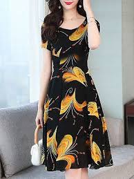 Round Neck Floral Printed Skater Dress Cheap Skater Dresses Skater Dress Dresses