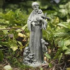 Saint Francis Is The Patron Saint Of Animals And The Environment Here He Stands With Cross And Fawn And Rabb With Images Outdoor Garden Statues Garden Statues St Francis