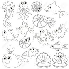 Easy drawing of aquatic animals. Sea Underwater Animals Set To Be Colored The Big Coloring Book Royalty Free Cliparts Vectors And Stock Illustration Image 75152511