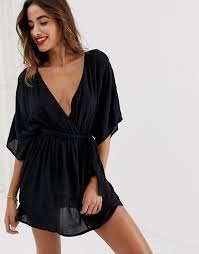 Black Beach Cover Up Asos Design Plunge Tie Waist Kimono Sleeve Crinkle Beach Cover Up In Black Asos Beachwear For Women Fashion Trend Black Fashion