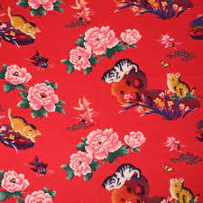 Red Oriental Fabric Red Chinese Fabric Cats And Fish Etsy Chinese Fabric Oriental Fabric