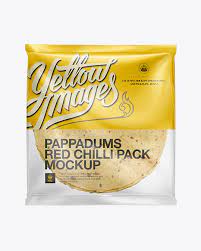 Download Red Chilli Pappadum Packaging Mockup In Flow Pack Mockups On Yellow Images Object Mockups