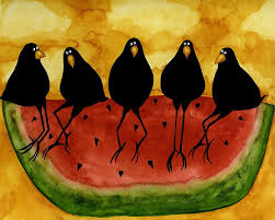 Black Birds In Painting Hubbs Art Folk Prints Whimsical Funny Bird Crow Blackbirds Picnic Watermelon By Debi Hubbs With Images Whimsical Art Crow Painting Bird Art