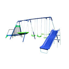 Fitness reality kids 'the ultimate' 8 station metal swing set. Sportspower Mountain View Metal Swing Slide And Trampoline Set Msc 3878 Bm The Home Depot