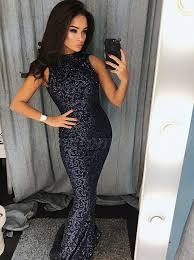 Black And Dark Blue Prom Dress Mermaid Jewel Floor Length Dark Blue Lace Prom Dress With Sequins Navy Blue Lace Prom Dress Prom Dresses Blue Blue Lace Prom Dress