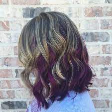 40 Versatile Ideas Of Purple Highlights For Blonde Brown And Red Hair Peekaboo Hair Hair Color Plum Purple Hair