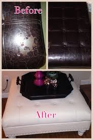 Before And After Outdated Peeling Leather Ottoman Sanded And Painted With Chalk Paint Then Wax Paste Painting Leather Leather Couch Repair Leather Furniture