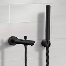 The handles have a simple. Remer Tdh05 By Nameek S Rendino Matte Black Wall Mounted Tub Spout Kit With Hand Shower Thebathoutlet