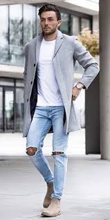 The grey suede in these boots is a nice neutral grey that would look perfect with either light or dark outfits. Fall Combo Inspiration With A Gray Topcoat White T Shirt Ripped Light Blue Jeans Brown Suede Ch Winter Outfits Men Jeans Outfit Men Mens Fashion Casual Outfits