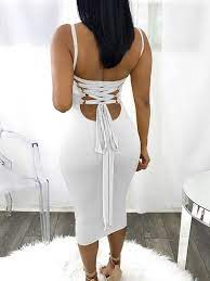 White Tie Back Square Neck Bodycon Spaghetti Strap Clubwear Midi Dress Midi Dresses Dresses