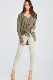 Olive Green Thermal Front Tie Top Bohemian Clothing Brands Boho Clothes Online Clothes