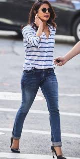 Priyanka Chopra S Casual Look Spotted On The Streets Wearing A Striped Shirt And Skinny Jeans Wit Fashion Design Clothes Transition Outfits Casual Top Designs
