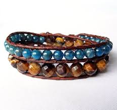 Tiger S Eye And Blue Apatite Brown Beaded Leather Bracelet Bracelet Gemstone Leather Jewelry Beaded Leather Bracelet Leather Bracelet