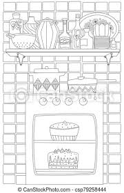 Culture and tradition coloring pages. Cozy Homey Kitchen With Cake In Stove And Wall Shelf Of Tableware On Tile Pattern Background For Your Coloring Page Canstock