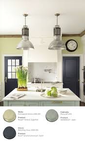 Neutral Light Green Walls Pair Well With Navy Blue Doors To Give Off An Elegant Look For This Kitchen One Light Green Kitchen Green Kitchen Walls Green Kitchen