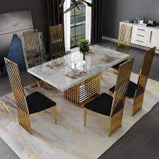 Modern Elegant 63 Rectangular Faux Marble Accent Dining Table Stainless Steel Base In Gold Luxury Dining Tables Gold Dining Chairs Latest Dining Table Designs