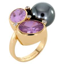 Customizable Diamonds Amethysts Black Tahitian Pearl Ring 14k Yellow Gold For Sale At 1stdibs