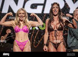 DUBLIN, IRELAND - JUL 14: (L-R) Amber ODonnell and Whitney Johns face off  during the Weigh-ins prior to Influencer Semi-final Boxing Tournament High  Stakes on July 14, 2023 in Dublin, Ireland. (Photo