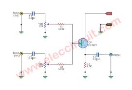 In the circuit diagram, the amplifier is shown with the. 4 Simple Audio Mixer Circuits Diagram Using Fet And Ics Eleccircuit Com